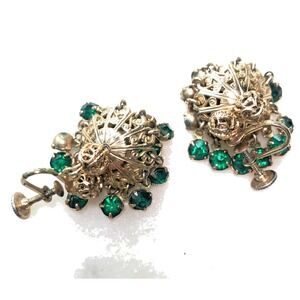 Vintage Gold Tone Filigree Chandelier Dangle Rhinestone Earrings Boho Screwback